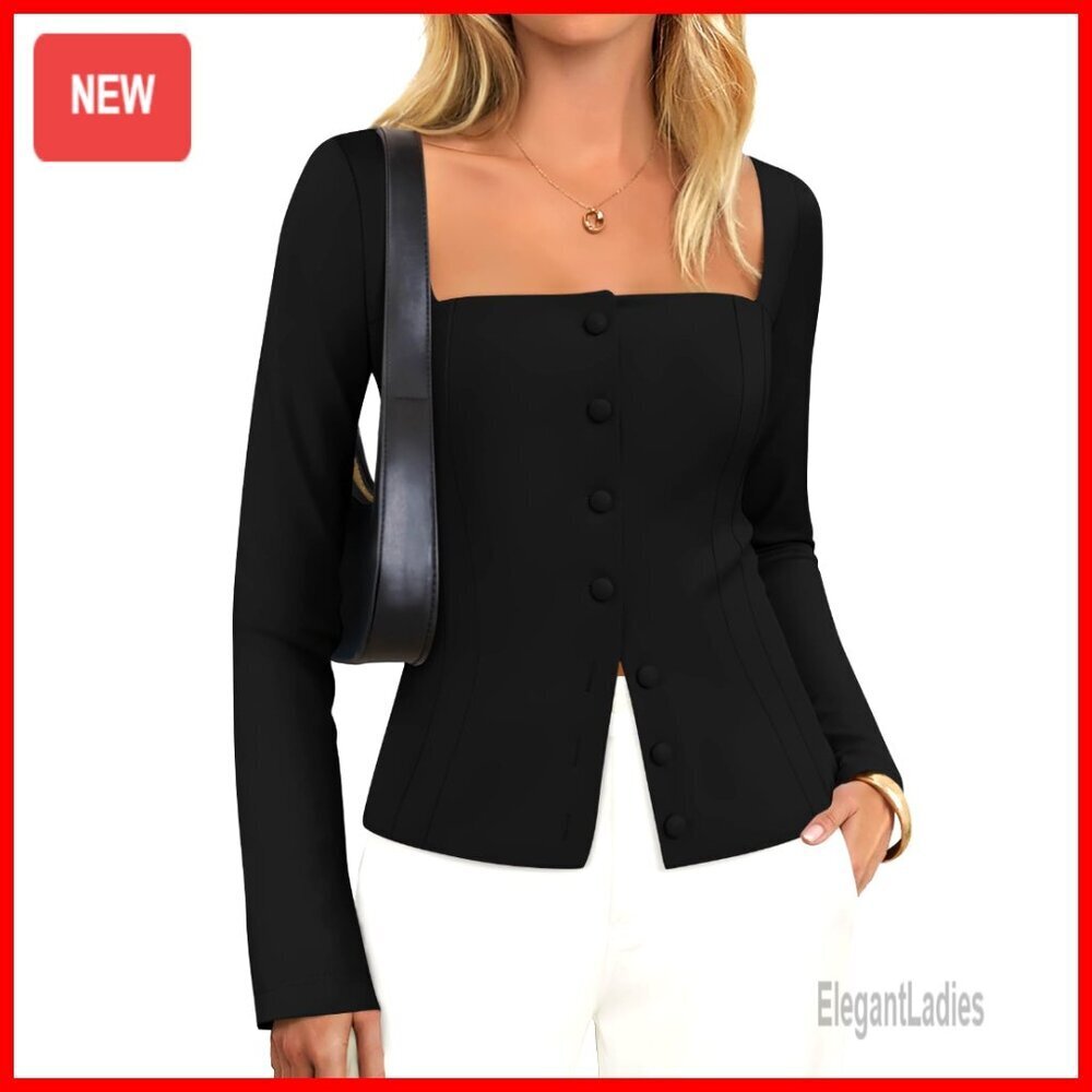 Fitted Square Neck Blazer, Slim Fit Long Sleeve, Business Casual Jacket
